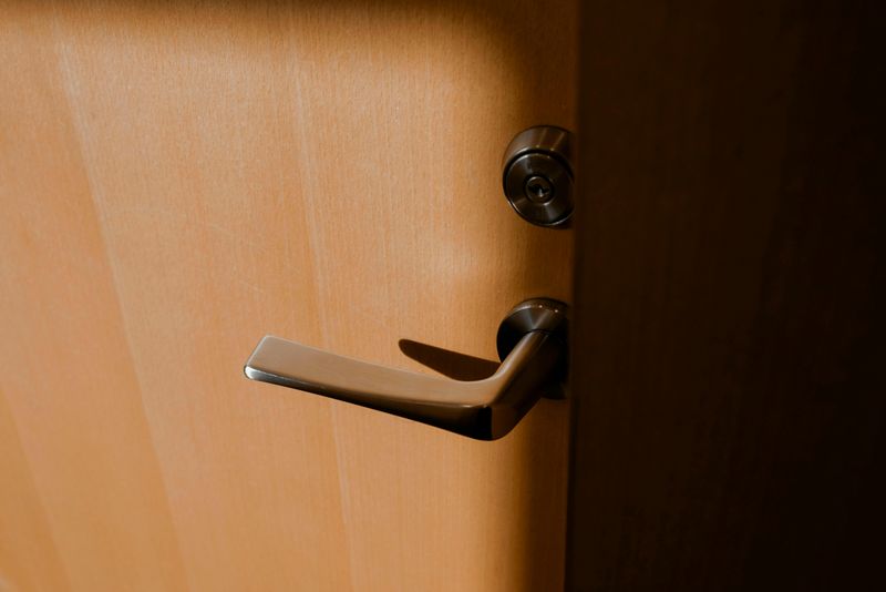 Deurklink en beslag — zilver handgreep op houten deur